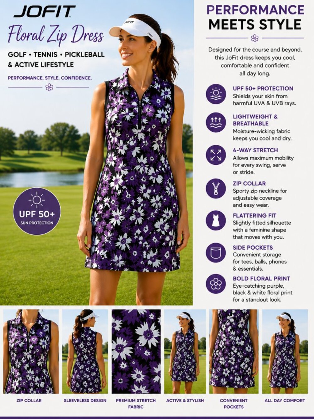 JoFit Golf Dress Floral Sleeveless Zip Neck UPF50 Tennis Pickleball Athleisure
